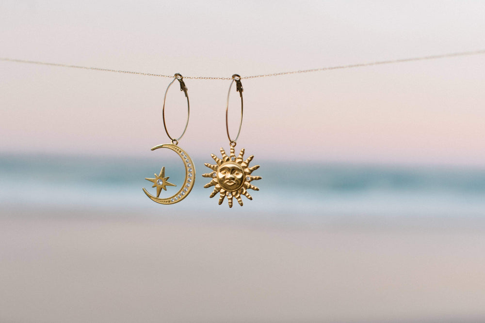 
                  
                    Sun and Moon Earrings, one moon, one sun, perfect for your boho outfit. Magical Jewellery. Boho Jewels.
                  
                